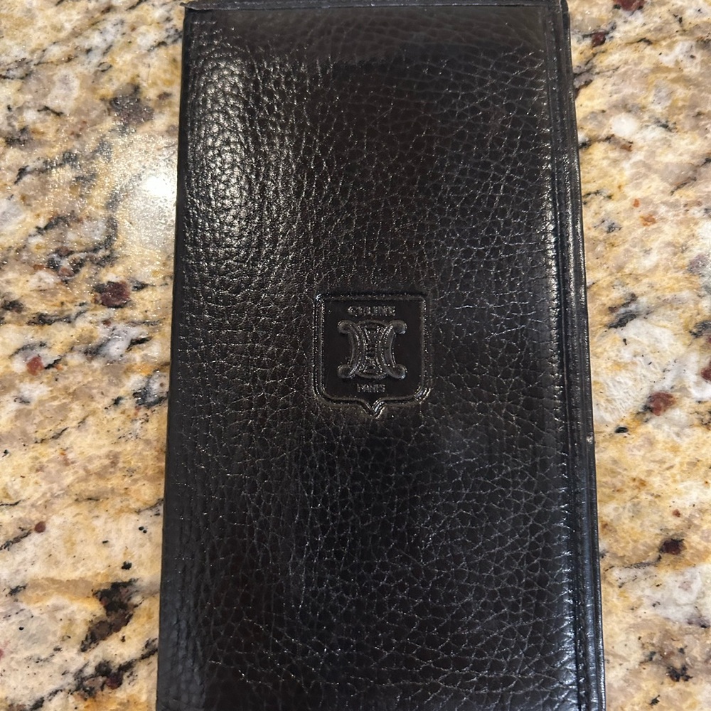 Celine Black Leather Long Wallet Embossed Logo